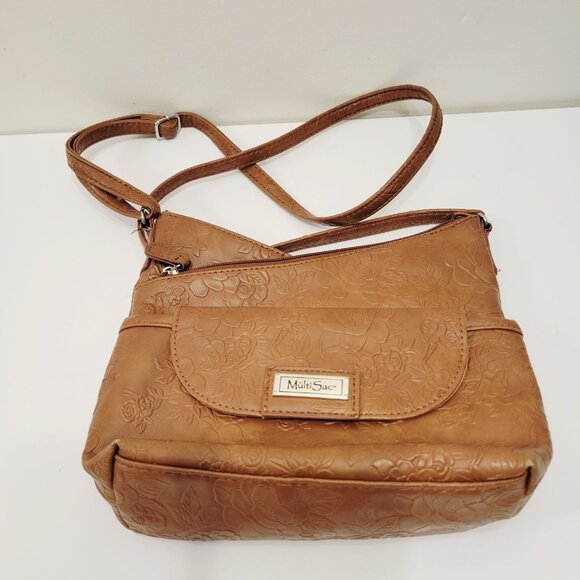 MultiSac Brown Tan Zig Zag Crossbody Shoulder Bag Purse Floral - Picture 2 of 8